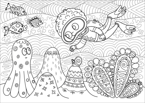 Diver Observing Coral Reef Coloring Page